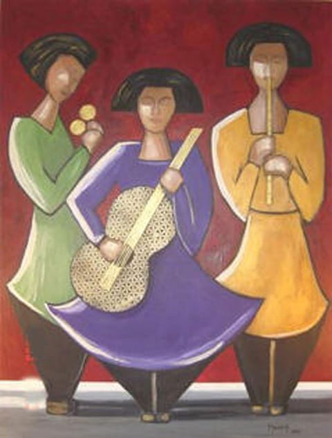 Three stylized women musicians in green, purple, and yellow dresses playing coins, guitar, and flute against deep red; acrylic